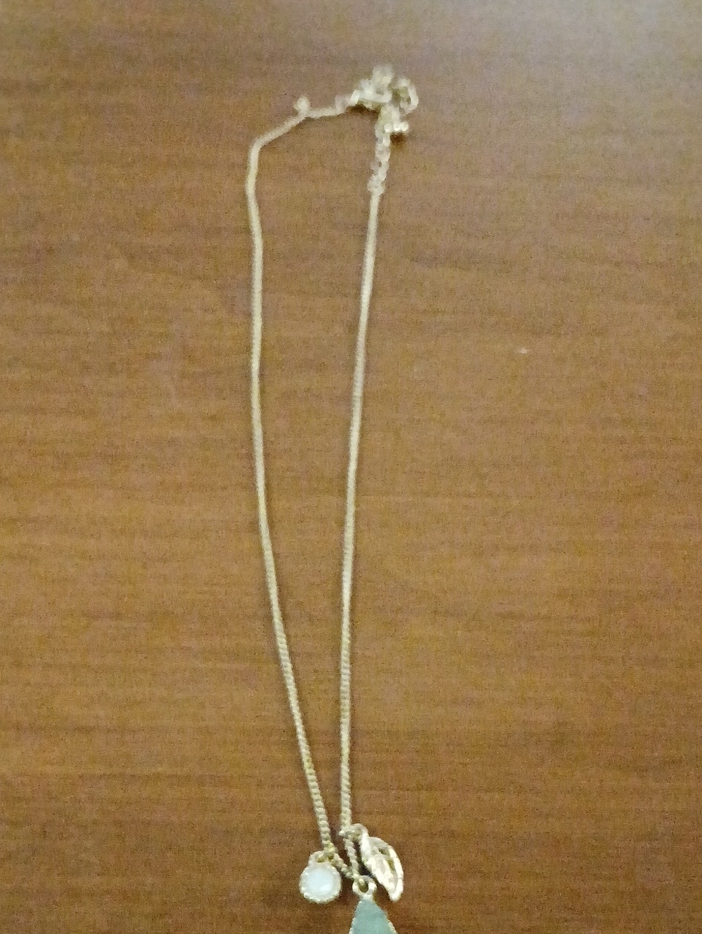 Gold-Tone Pendant Necklace with Aqua Stone and Pearl Accent